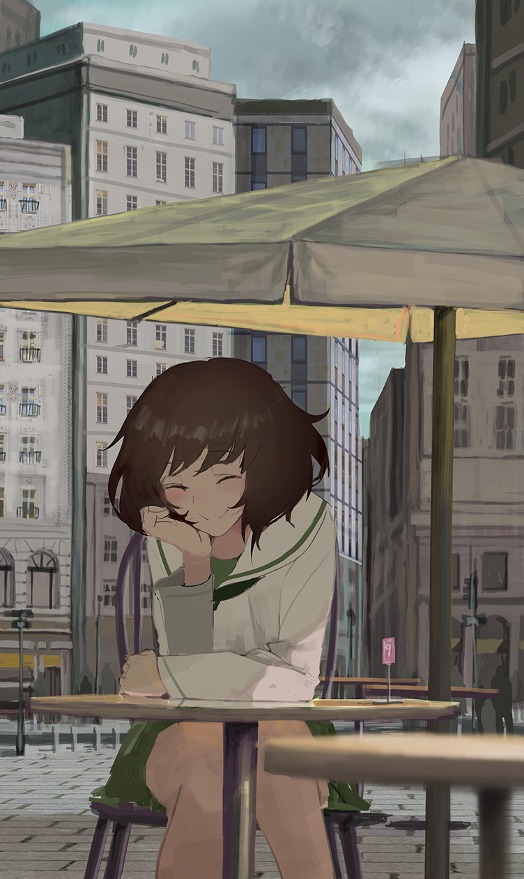 1girl, akiyama_yukari, bangs, brown_hair, building, cafe, car, chair