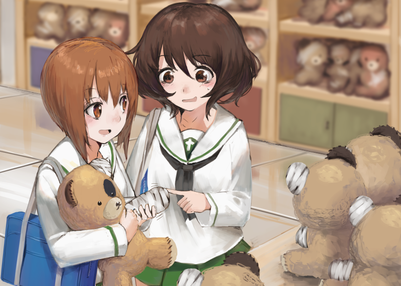 2girls, akiyama_yukari, bag, bandaged_arm, bandaged_ear, bangs, boko_(girls_und_panzer), brown_eyes, brown_hair, commentary_request, fujibejifu, girls_und_panzer, green_skirt, messy_hair, multiple_girls, neckerchief, nishizumi_miho, open_mouth, orange_hair, pleated_skirt, poking, school_bag, school_uniform, serafuku, shelf, shopping, skirt, smile, stuffed_animal, stuffed_toy, sweatdrop, table, teddy_bear, tile_floor, tiles