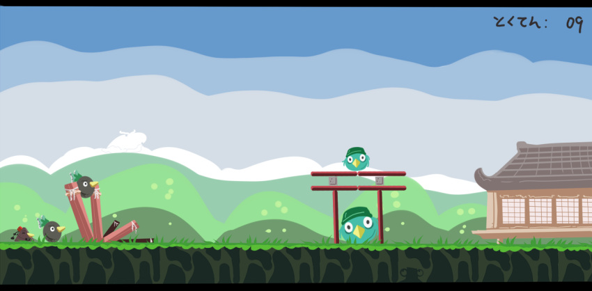 3girls, angry_birds, bomb_(angry_birds), bow, camera, chuck_(angry_birds), fake_screenshot, gameplay_mechanics, hair_bow, hat, kawashiro_nitori, kawashiro_nitori_(kappa), looking_at_viewer, multiple_girls, onbashira, pagoda, parody, platform, reiuji_utsuho, reiuji_utsuho_(bird), shameimaru_aya, shameimaru_aya_(crow), shiba_yuuki, torii, touhou, video_game