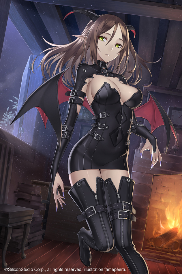 1girl, age_of_ishtaria, black_dress, boots, breasts, bridal_gauntlets, brown_hair, cleavage