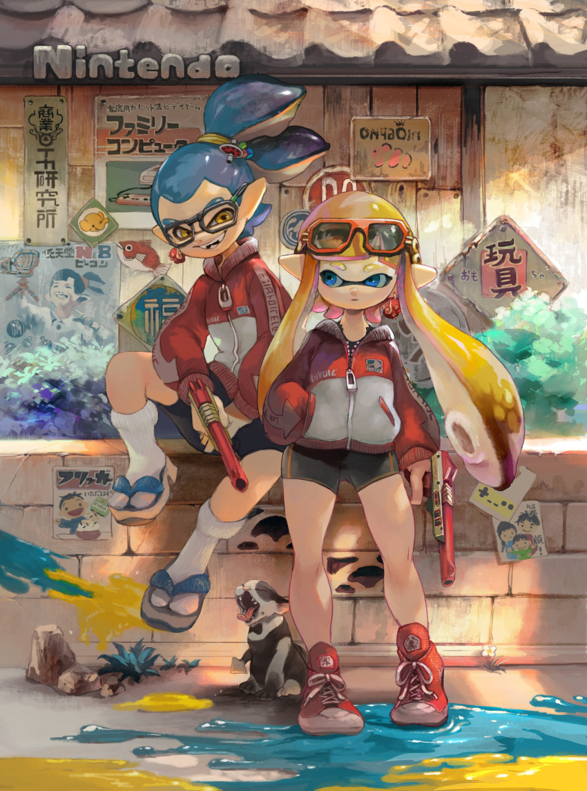1boy, 1girl, absurdres, bike_shorts, blonde_hair, blue_eyes, blue_hair, cat