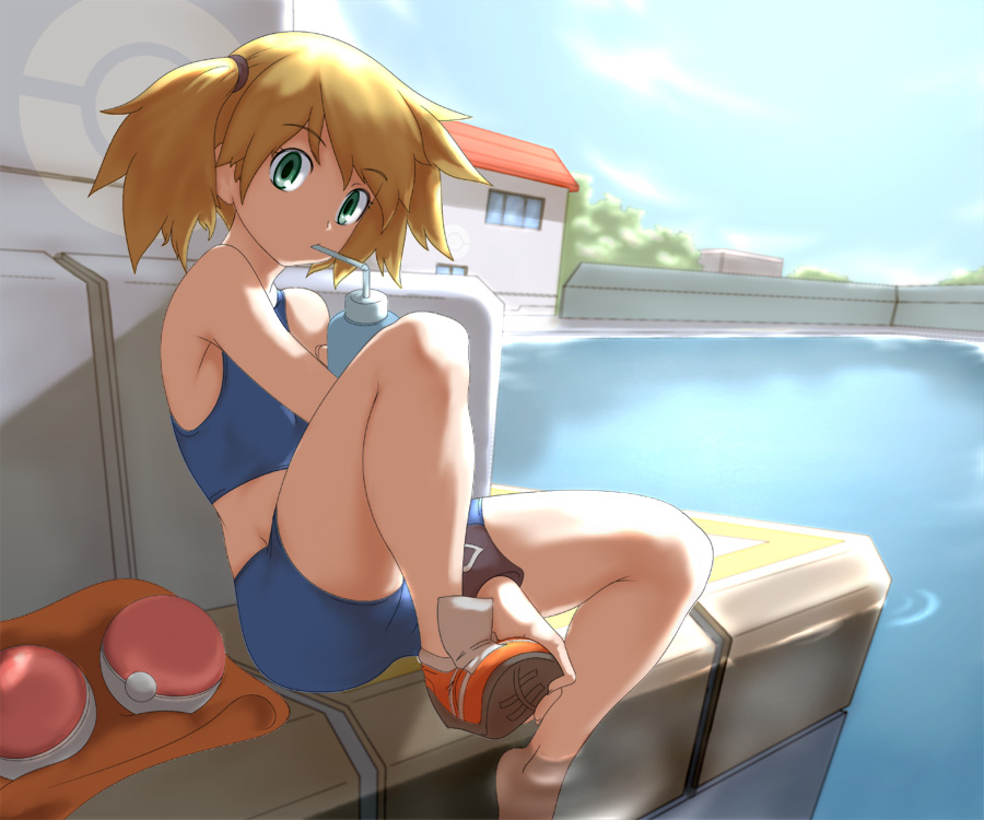 1girl, bare_legs, bare_shoulders, bikini, blue_bikini, drinking, drinking_straw, foot_hold