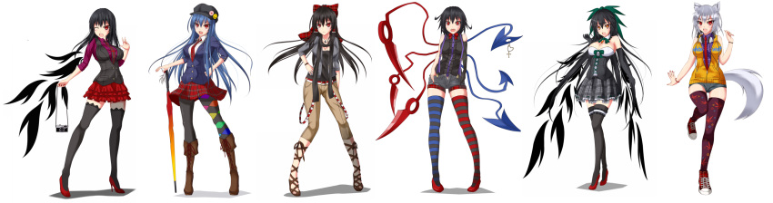 6+girls, :d, ;d, adapted_costume, alternate_costume, asymmetrical_wings, bare_shoulders, bird_wings, black_hat, black_vest, black_wings, blush, boots, bow, bowtie, breasts, camera, cleavage, commentary_request, contemporary, cross-laced_footwear, denim, detached_sleeves, full_body, gmot, green_bow, hair_bow, hair_tubes, hakurei_reimu, hand_on_hip, hat, high_heels, highres, hinanawi_tenshi, houjuu_nue, inubashiri_momiji, jewelry, lace-up_boots, large_breasts, looking_at_viewer, multiple_girls, necklace, necktie, one_eye_closed, open_mouth, plaid, plaid_skirt, red_bow, red_bowtie, red_necktie, red_shoes, reiuji_utsuho, shameimaru_aya, shirt, shoes, short_shorts, shorts, skirt, sleeveless, sleeveless_shirt, sleeveless_track_jacket, smile, sneakers, suspenders, sword_of_hisou, thigh-highs, touhou, umbrella, white_background, wings, zettai_ryouiki