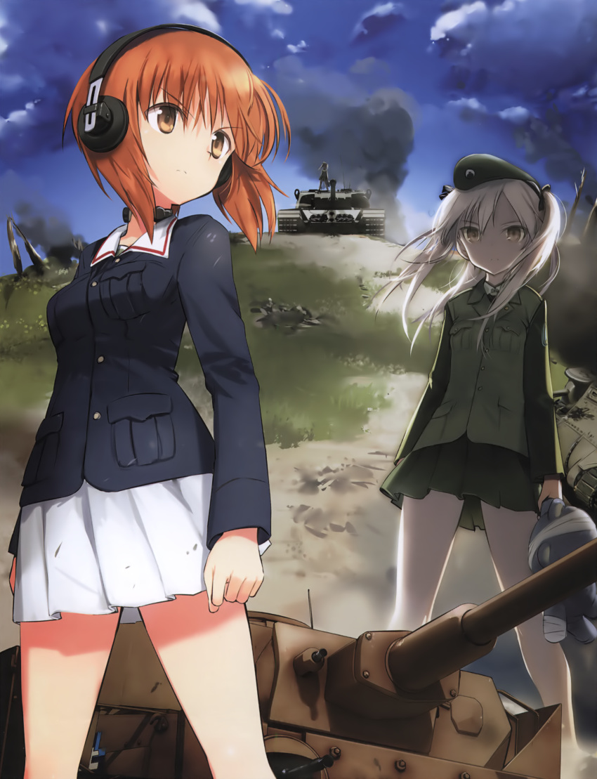 2girls, absurdres, bangs, beret, black_jacket, black_skirt, blue_jacket, boko_(girls_und_panzer)
