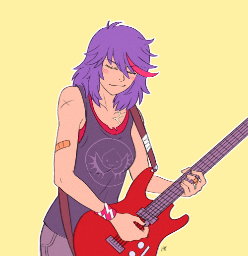 1girl, bandaid, blush, closed_eyes, electric_guitar, guitar, herokick, instrument, kill_la_kill, matoi_ryuuko, messy_hair, multicolored_hair, punk, scar, short_hair, smile, solo, streaked_hair, wristband, yellow_background