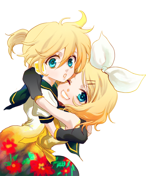 blonde_hair, blue_eyes, camayu, hair_ornament, hair_ribbon, hairclip, headphones, hug