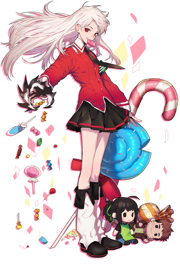 1girl, :d, ahoge, apron, armband, black_hair, black_necktie, black_skirt