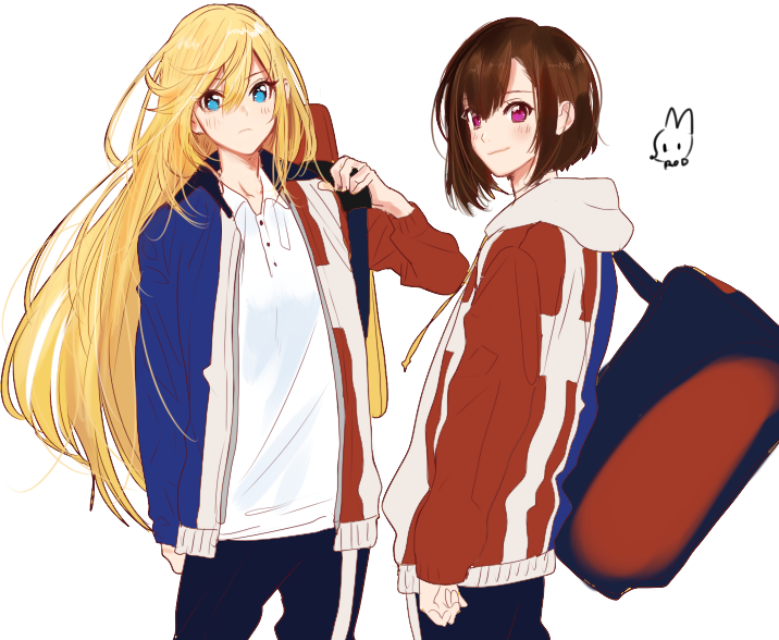 2girls, bag, blonde_hair, blue_eyes, brown_hair, connie_christensen, hanebado!, looking_at_viewer