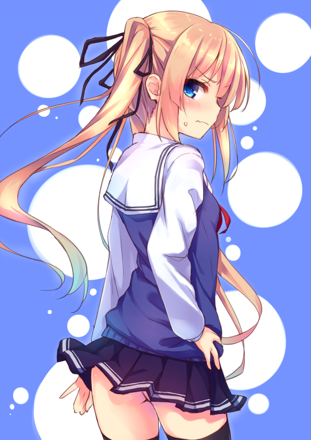 1girl, ass, black_legwear, blonde_hair, blue_eyes, blush, enjin-san_(ekon), from_behind