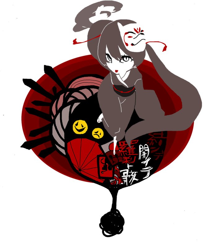 bad_id, black_hair, fox_mask, hatsune_miku, japanese_clothes, ju, ju_(jujujuju), kimono, long_hair, mask, musunde_hiraite_rasetsu_to_mukuro_(vocaloid), oriental_umbrella, solo, tongue, twintails, umbrella, vocaloid, white_eyes, yukata