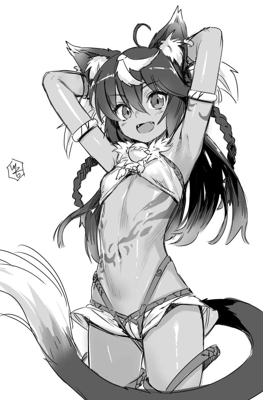 1girl, :d, animal_ears, armpits, arms_behind_head, braid, dark_skin, fangs, greyscale, highres, kawakami_rokkaku, long_hair, looking_at_viewer, monochrome, navel, open_mouth, sennen_sensou_aigis, simple_background, small_breasts, smile, solo, tail, tattoo, ur_(sennen_sensou_aigis), white_background