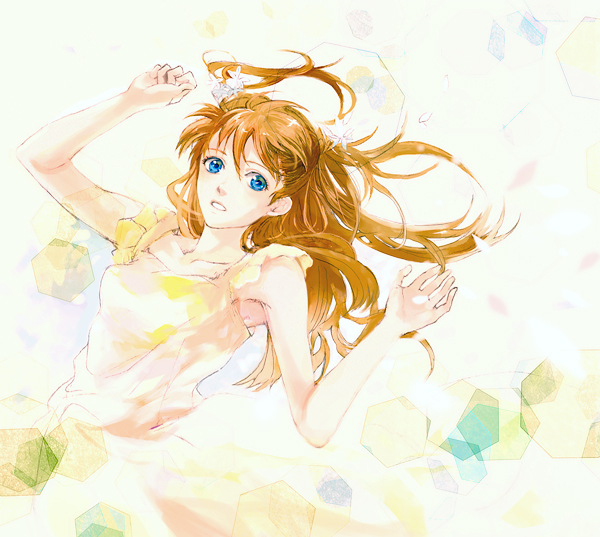 blue_eyes, brown_hair, dress, frills, hair_ornament, long_hair, neon_genesis_evangelion, ni-co