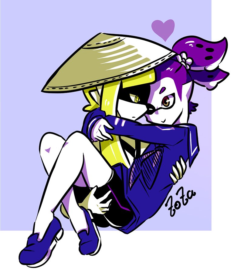 1boy, 1girl, ajirogasa, artist_name, bangs, beauty_(zoza), bike_shorts, blonde_hair, blue_background, blunt_bangs, carrying, domino_mask, flower, frightening_(zoza), hair_flower, hair_ornament, hat, heart, hetero, japanese_clothes, long_hair, long_sleeves, looking_at_another, mask, neckerchief, one_eye_closed, partially_colored, pointy_ears, princess_carry, purple_hair, sailor_collar, shirt, shoes, short_hair, signature, simple_background, single_vertical_stripe, smile, splatoon, tentacle_hair, topknot, upper_body, violet_eyes, yellow_eyes, zoza