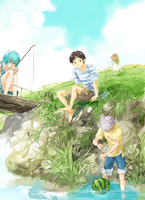 barefoot, blue_hair, brown_hair, dress, fishing, fishing_net, fishing_rod, food, fruit, grass, ikari_shinji, nagisa_kaworu, neon_genesis_evangelion, net, ni-co, niko_(silent.whitesnow), red_eyes, shorts, silver_hair, sky, souryuu_asuka_langley, watermelon