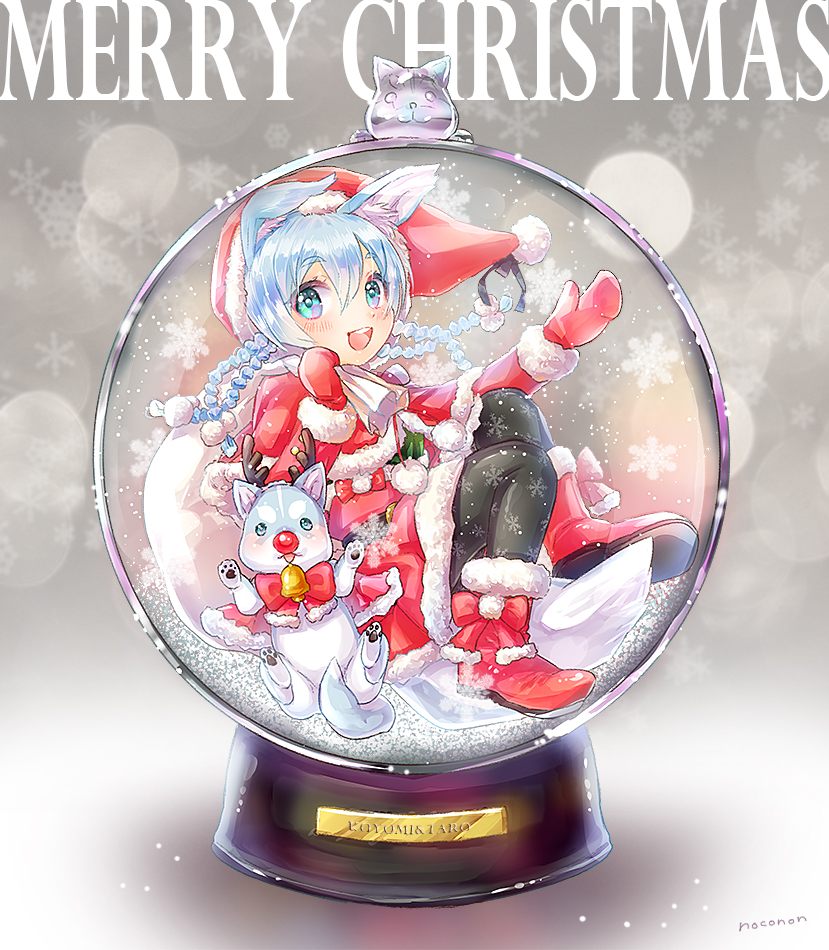 1girl, :d, animal_ears, blue_eyes, blue_hair, character_name, christmas, dog