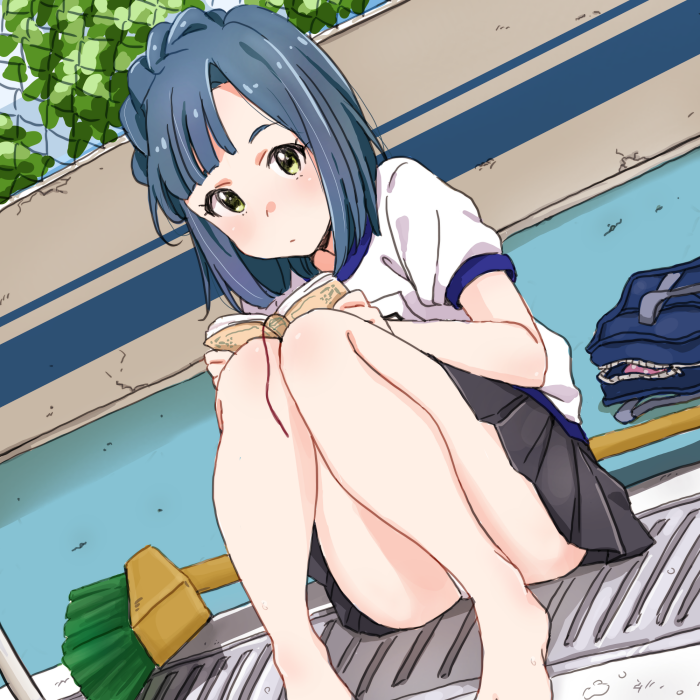 1girl, blue_hair, blush, book, dutch_angle, gym_uniform, idolmaster, idolmaster_million_live!