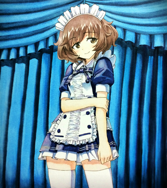 1girl, akiyama_yukari, alternate_costume, apron, blue_dress, brown_eyes, brown_hair, cowboy_shot
