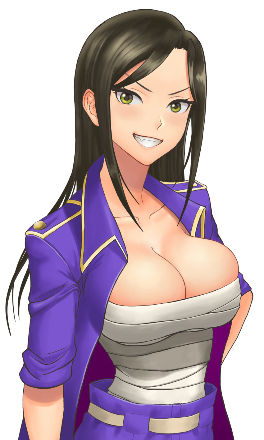 1girl, breasts, brown_eyes, brown_hair, cleavage, grin, highres, idolmaster, idolmaster_cinderella_girls, large_breasts, looking_at_viewer, mukai_takumi, sarashi, shigatsugata, smile, solo