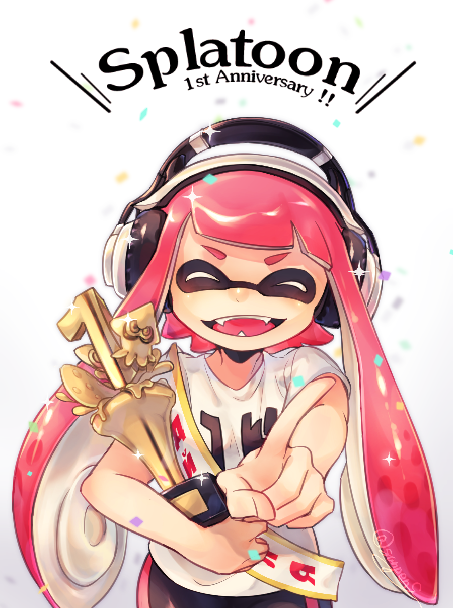 1girl, anniversary, bangs, bike_shorts, black_shorts, blunt_bangs, closed_eyes, copyright_name, domino_mask, fangs, headphones, highres, holding, inkling, long_hair, mask, pink_hair, pointy_ears, shirt, short_sleeves, shorts, shun_(p-enguin), single_vertical_stripe, solo, splatoon, t-shirt, tentacle_hair, trophy, white_shirt