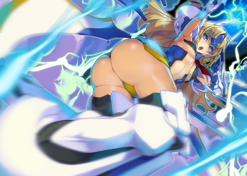 1girl, :o, akaga_hirotaka, arm_up, armor, armpits, ass, bangs