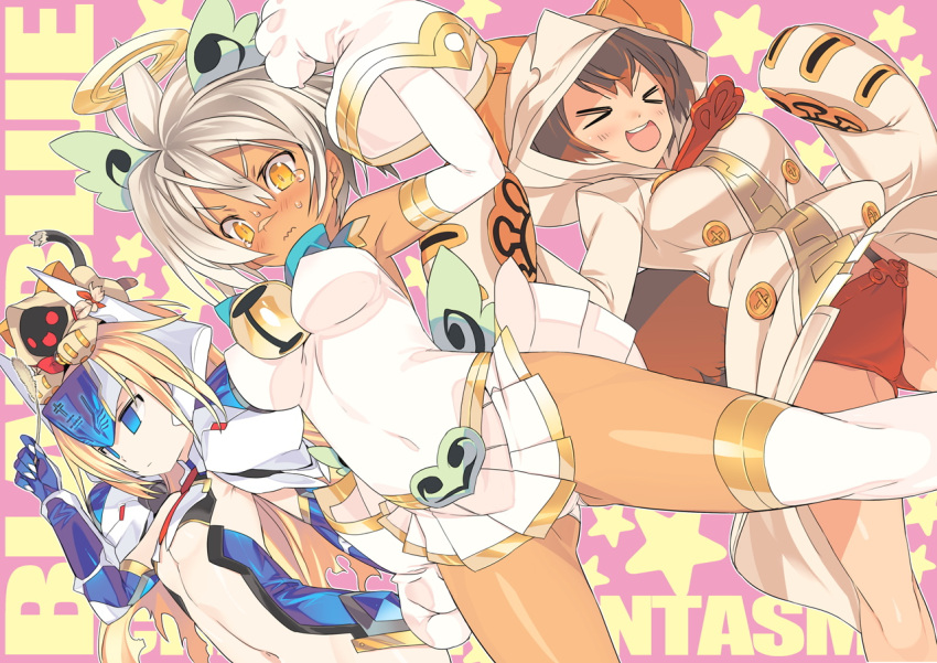 >_<, 3girls, blade_(galaxist), blazblue, blazblue:_chronophantasma, blue_eyes, blush, bullet_(blazblue), closed_eyes, cosplay, dark_skin, kaka_kittens, long_hair, makoto_nanaya, mu-12, multiple_girls, official_art, panties, platinum_the_trinity_(cosplay), taokaka, taokaka_(cosplay), tears, underwear