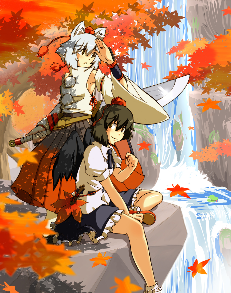 animal_ears, atuta, black_hair, black_wings, brown_eyes, detached_sleeves, hat, inubashiri_momiji