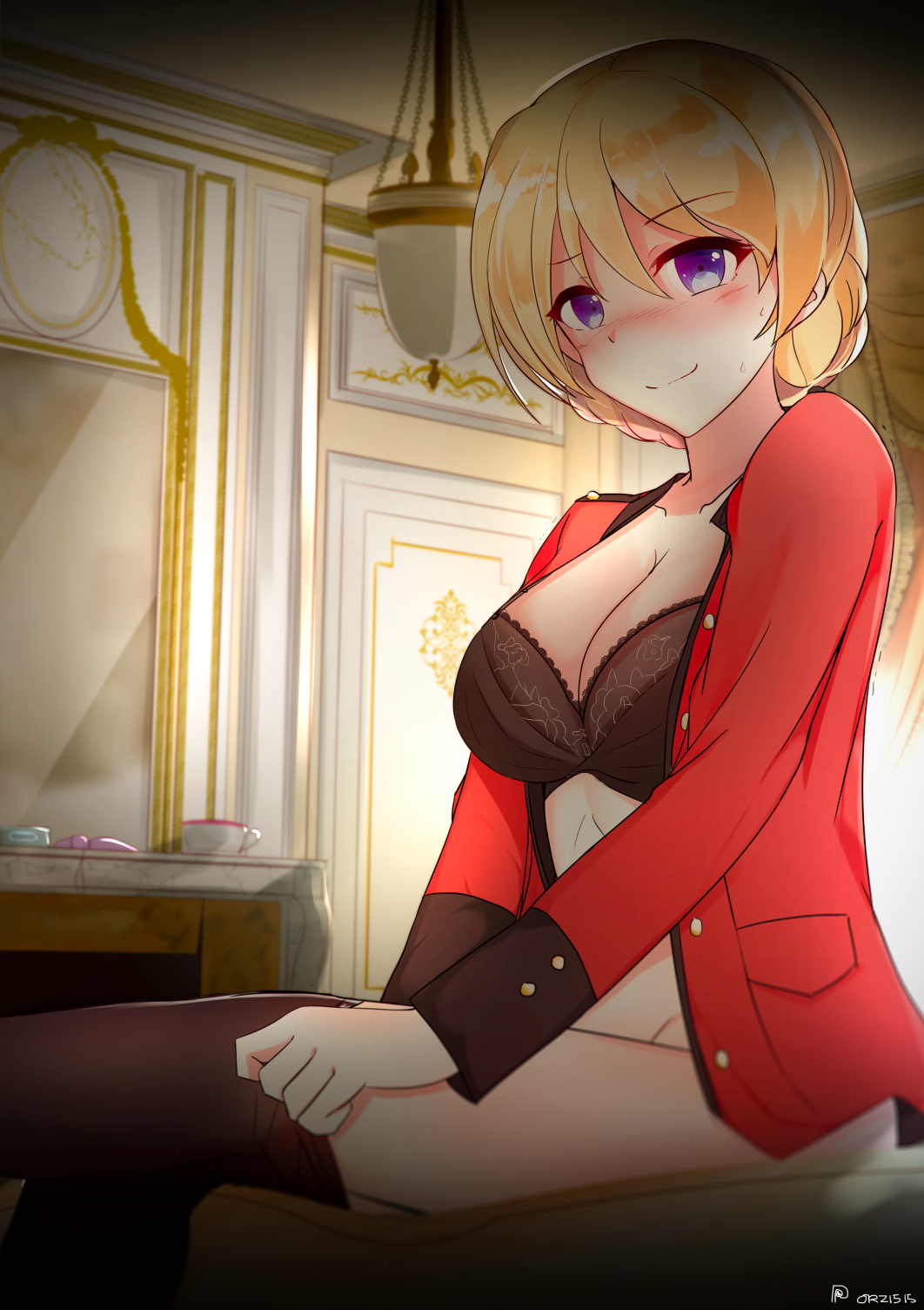 1girl, black_legwear, blonde_hair, blush, breasts, cleavage, darjeeling, girls_und_panzer