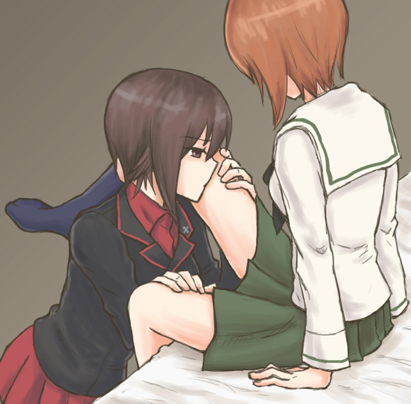 2girls, arm_support, brown_eyes, brown_hair, girls_und_panzer, green_skirt, hand_on_another's_thigh, incest, kiss, kissing_thigh, kneehighs, leg_up, long_sleeves, multiple_girls, mutsu_(layergreen), nishizumi_maho, nishizumi_miho, pleated_skirt, red_skirt, school_uniform, serafuku, short_hair, siblings, sisters, sitting, skirt, uniform, yuri