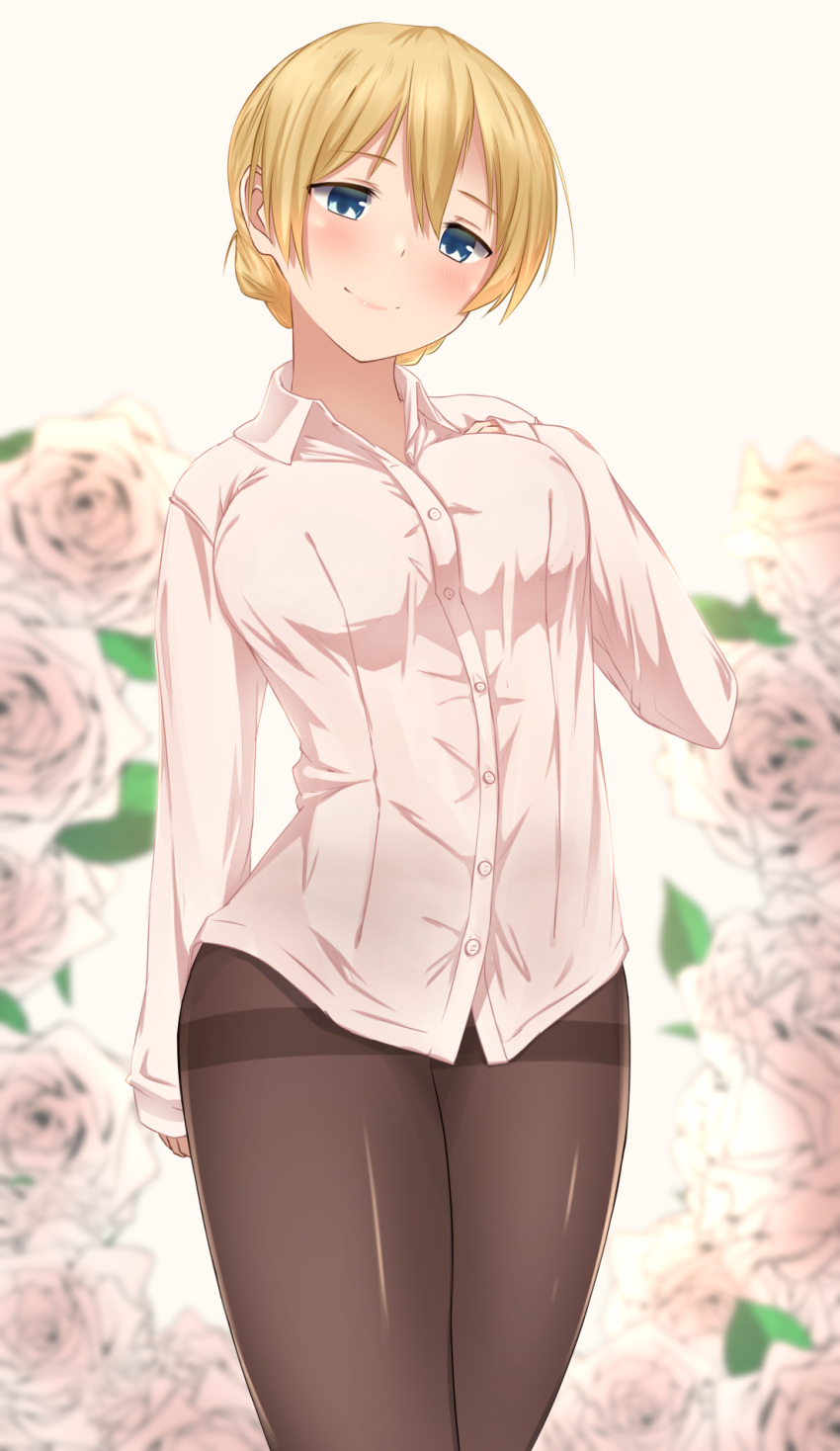 1girl, arm_at_side, black_legwear, blonde_hair, blue_eyes, blurry, blush, breasts