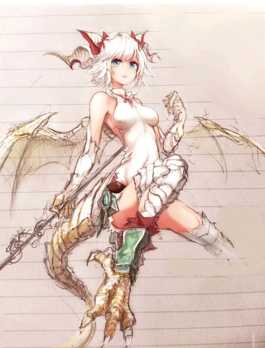 1girl, bare_shoulders, blue_eyes, dragon_girl, dragon_horns, dragon_tail, dragon_wings, hair_ribbon