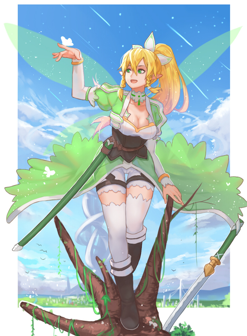 1girl, blonde_hair, butterfly, fairy, fairy_wings, green_eyes, highres, leafa