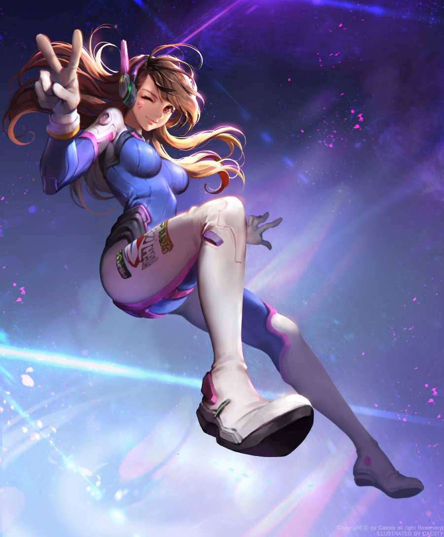 1girl, ;), bodysuit, breasts, brown_hair, caesty, d.va_(overwatch), facial_mark, gloves, headphones, long_hair, looking_at_viewer, one_eye_closed, overwatch, smile, solo, v, watermark, whisker_markings