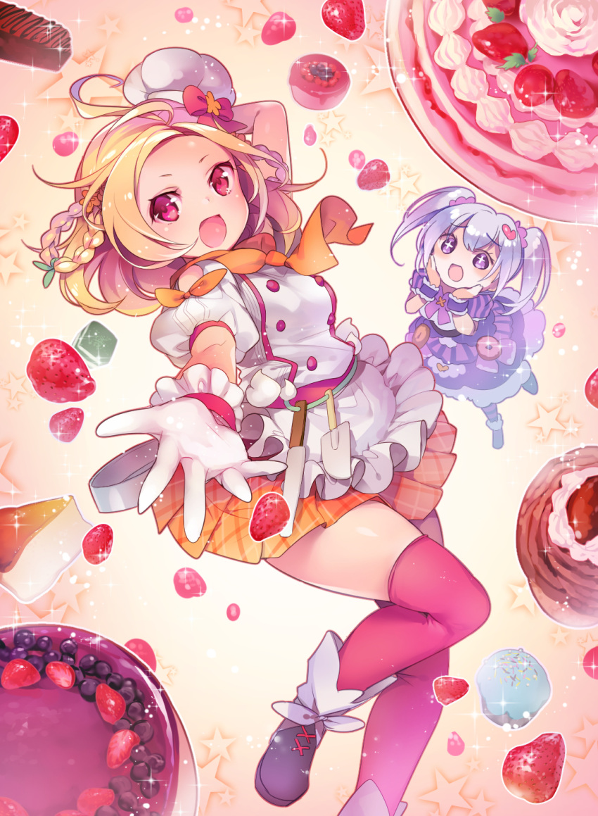 +_+, 2girls, :d, apron, black_shoes, blonde_hair, blueberry, bow