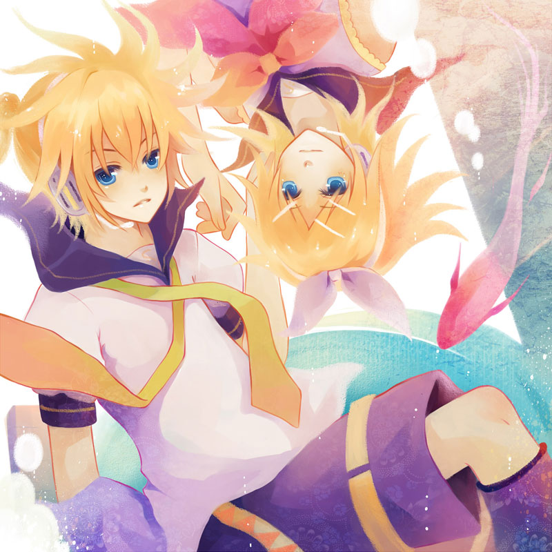 blue_eyes, hair_ornament, hair_ribbon, hairclip, kagamine_len, kagamine_rin, necktie, ribbon