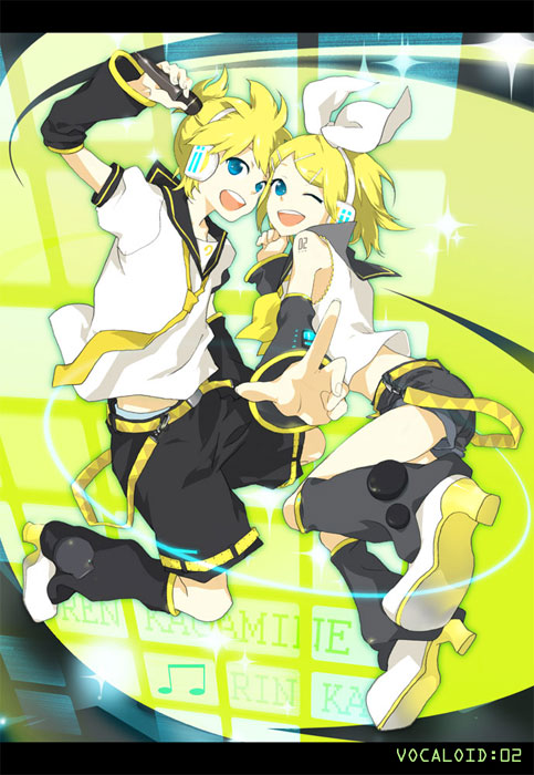blonde_hair, blue_eyes, hair_ornament, hair_ribbon, hairclip, headphones, kagamine_len, kagamine_rin, leitoru, microphone, necktie, ribbon, short_hair, shorts, siblings, smile, twins, utako, vocaloid, wink