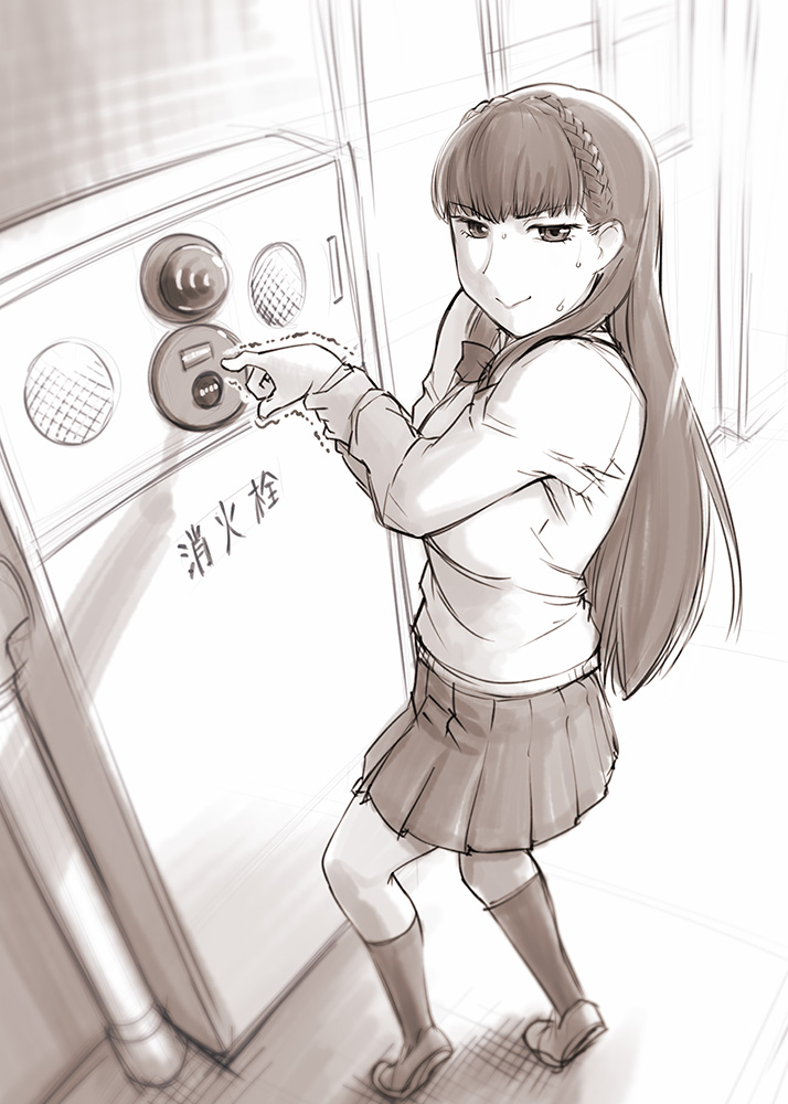 1girl, :>, blurry, commentary_request, depth_of_field, fire_alarm, from_above, hairband