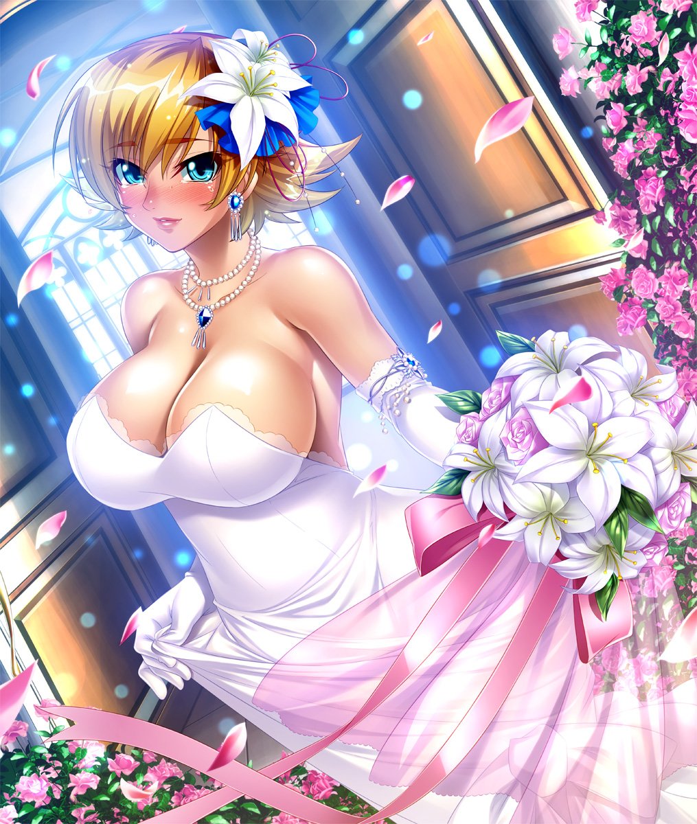 1girl, bare_shoulders, beads, blonde_hair, blue_eyes, blush, bouquet, breasts