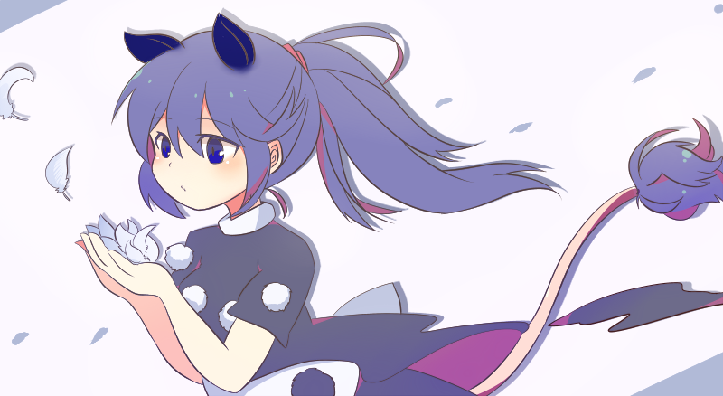 1girl, alternate_hairstyle, animal_ears, black_dress, blowing, blue_eyes, blue_hair, blush