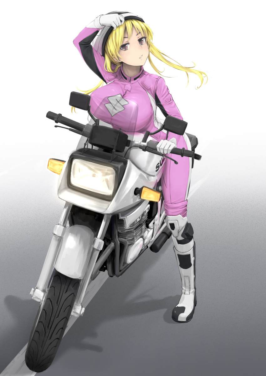 1girl, absurdres, bakuon!!, biker_clothes, bikesuit, blonde_hair, bodysuit, boots