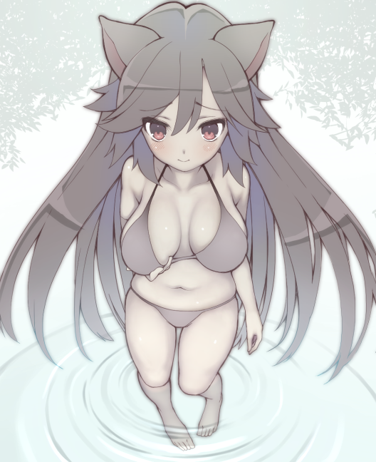 1girl, animal_ears, bikini, black_bikini, breast_lift, breasts, collarbone, from_above