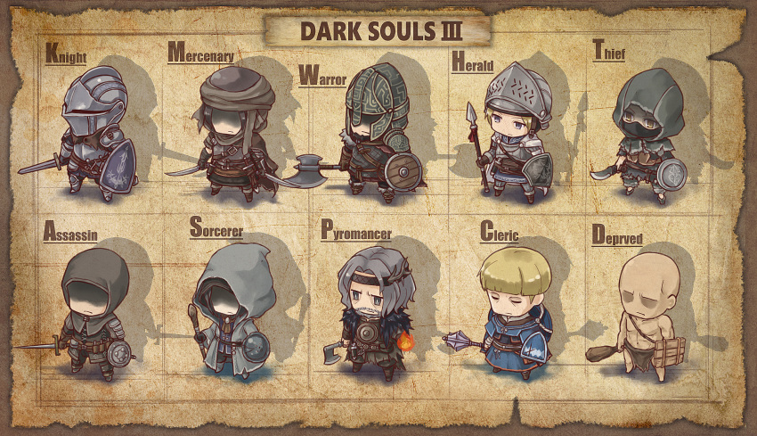 6+boys, armor, ashen_one_(dark_souls_3), axe, bald, bangs, beard, blunt_bangs, chibi, cloak, closed_mouth, club, copyright_name, covered_mouth, dagger, dark_souls_iii, english, expressionless, face_mask, facial_hair, fire, flame, full_armor, fushigi_ebi, headband, hidden_eyes, highres, holding, holding_sword, holding_weapon, hood, hooded_cloak, knight, loincloth, mace, mage, mask, multiple_boys, navel, polearm, roman_numerals, shaded_face, shield, silhouette, souls_(from_software), spear, staff, standing, stomach, sword, text, turban, typo, unsheathed, weapon, wooden_shield