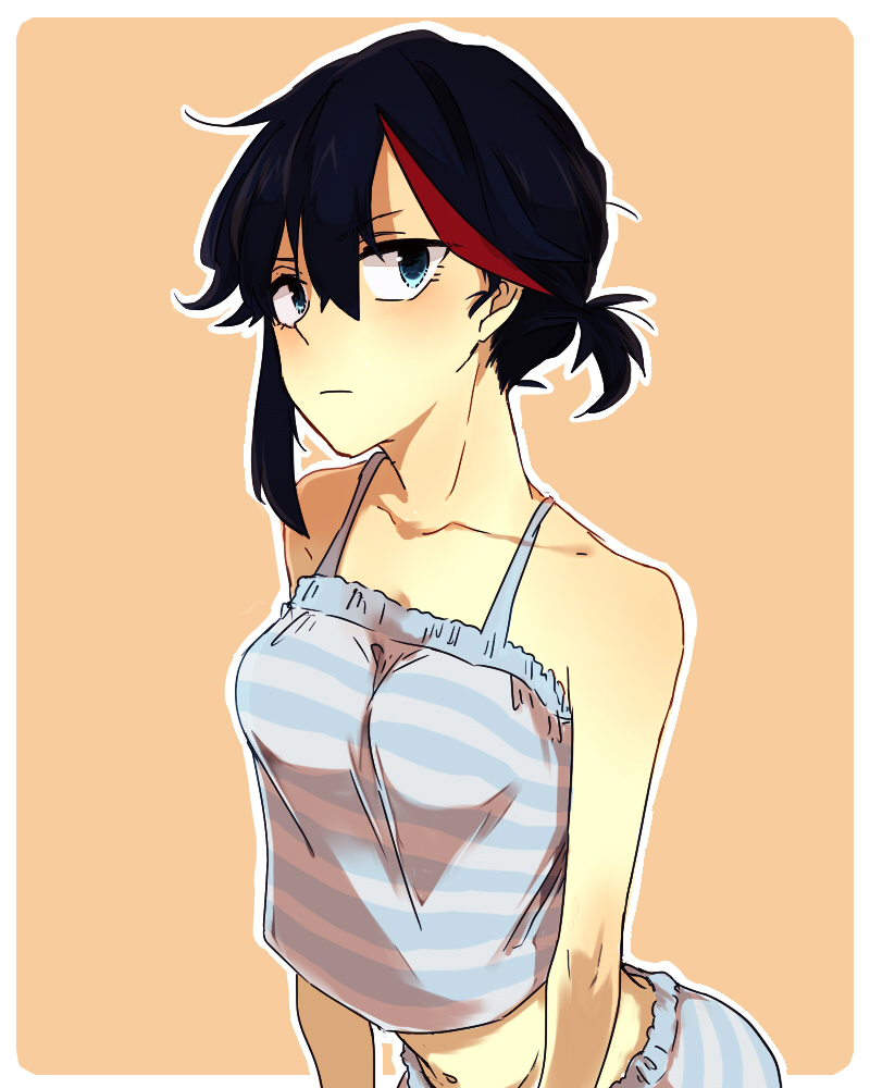 1girl, black_hair, blush, breasts, camisole, closed_mouth, collarbone, commentary_request