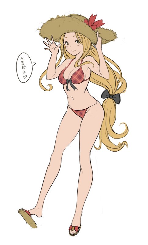 1girl, bikini, blonde_hair, brown_eyes, diola_(granblue_fantasy), flat_color, full_body, granblue_fantasy