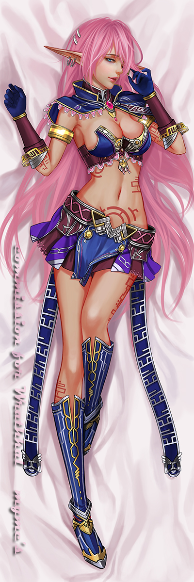 1girl, armlet, artist_name, blue_boots, blue_eyes, blue_gloves, boots, breasts