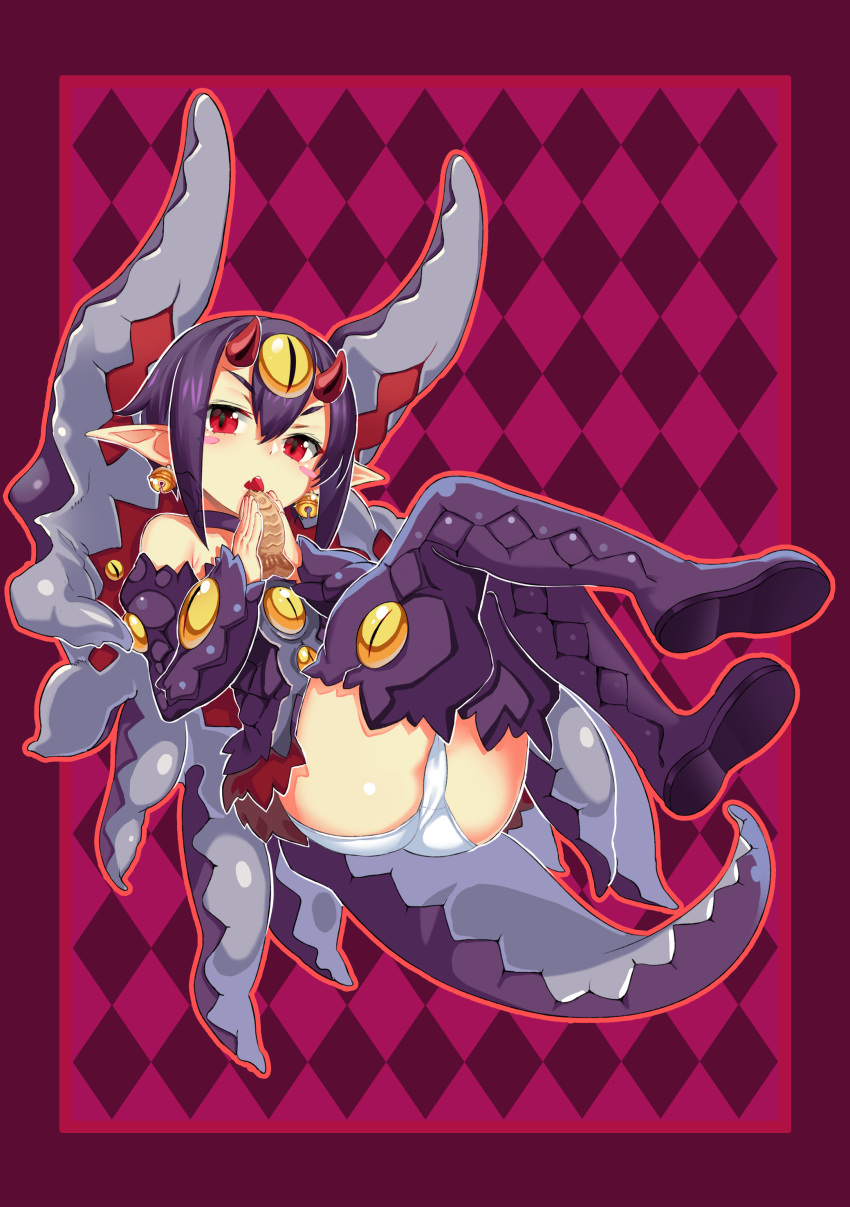 1girl, absurdres, bell, bell_earrings, blush_stickers, boots, choker, desco_(disgaea), detached_sleeves, disgaea, earrings, eating, fang, food, highres, horns, jewelry, jingle_bell, kikimi, looking_at_viewer, makai_senki_disgaea_4, monster_girl, oni_horns, open_mouth, panties, pointy_ears, purple_hair, red_eyes, solo, taiyaki, thigh-highs, thigh_boots, underwear, wagashi, white_panties