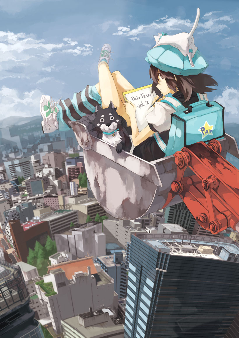 1girl, 9ji, backpack, bag, brown_eyes, brown_hair, cat, chobi_(pixiv)