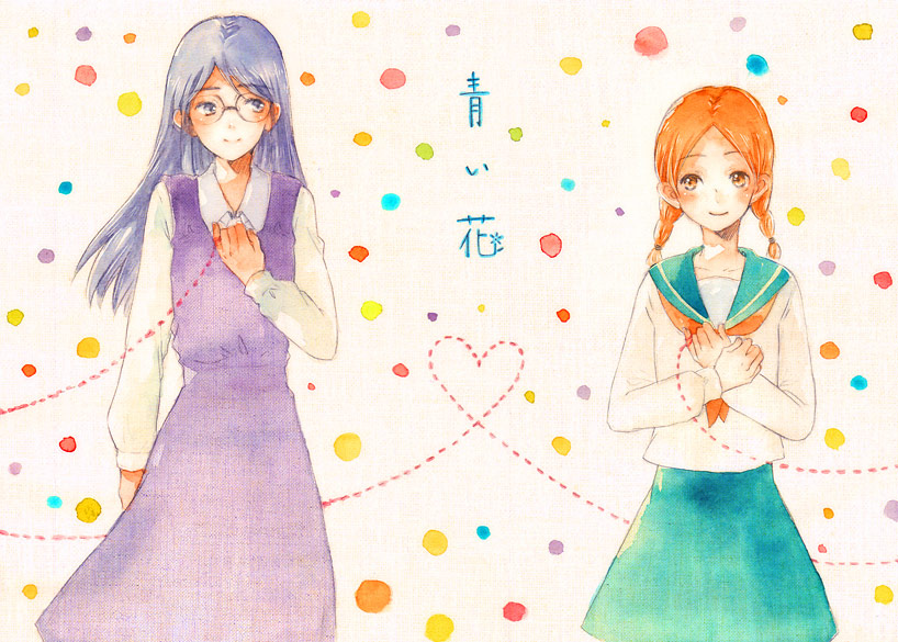 aoi_hana, bad_id, blue_eyes, blue_hair, blush, bow, braid, long_hair, manjoume_fumi, moha, multiple_girls, okudaira_akira, orange_eyes, orange_hair, red_string, school_uniform, serafuku, skirt, smile, traditional_media, twin_braids, watercolor, watercolor_(medium)