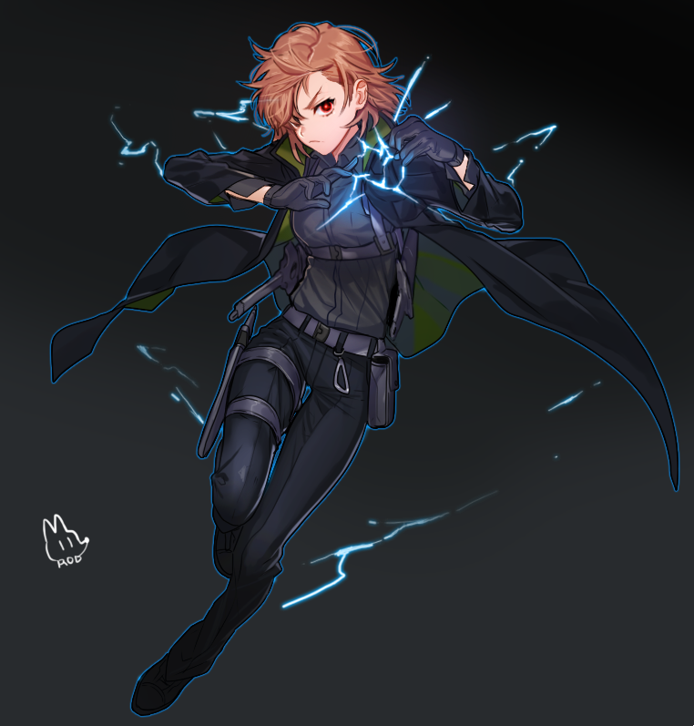1girl, belt, black_clothes, black_gloves, black_pants, brown_hair, coat, cosplay