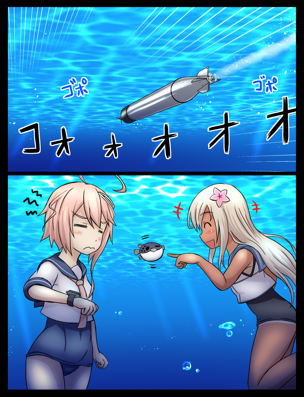 +++, 2girls, :d, ^_^, blowfish, closed_eyes, comic, fish