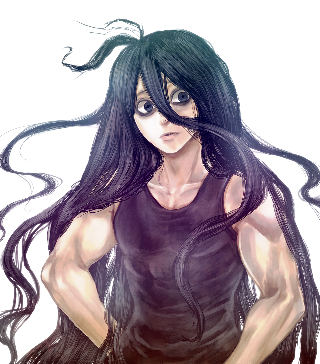 1boy, ahoge, bags_under_eyes, black_eyes, black_hair, collarbone, highres, inaba_ryou